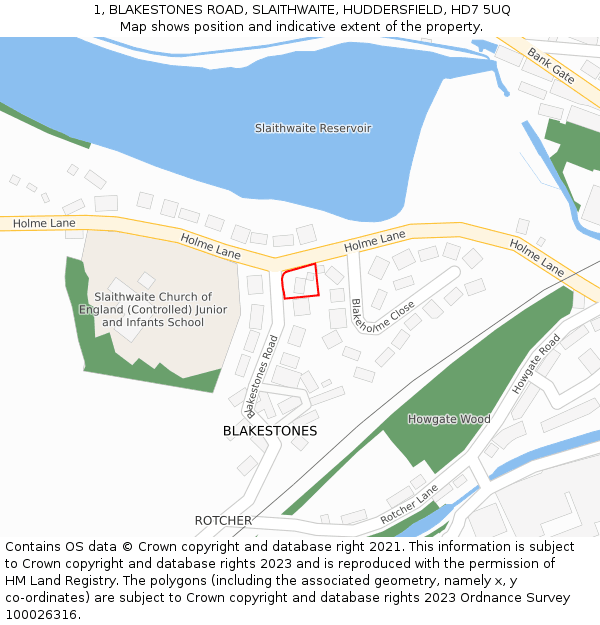 1, BLAKESTONES ROAD, SLAITHWAITE, HUDDERSFIELD, HD7 5UQ: Location map and indicative extent of plot