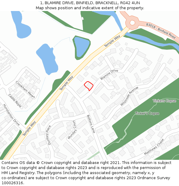 1, BLAMIRE DRIVE, BINFIELD, BRACKNELL, RG42 4UN: Location map and indicative extent of plot