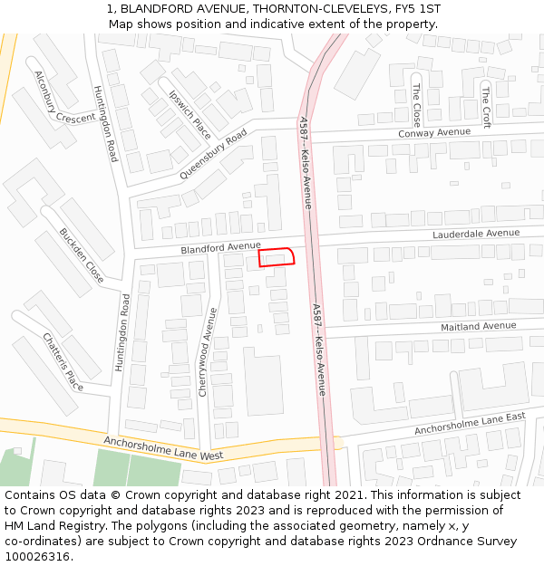 1, BLANDFORD AVENUE, THORNTON-CLEVELEYS, FY5 1ST: Location map and indicative extent of plot