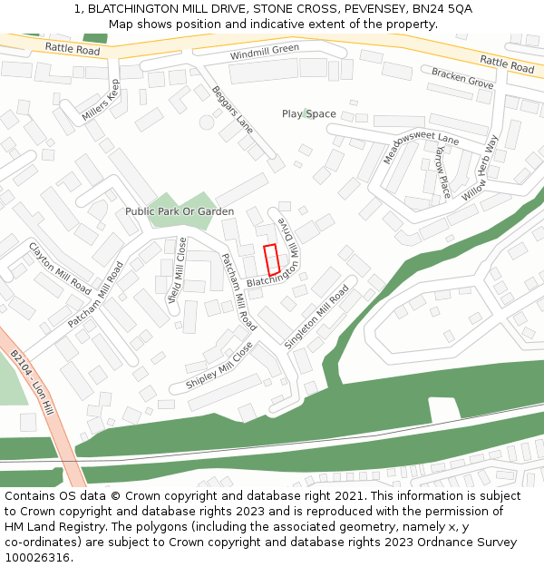 1, BLATCHINGTON MILL DRIVE, STONE CROSS, PEVENSEY, BN24 5QA: Location map and indicative extent of plot