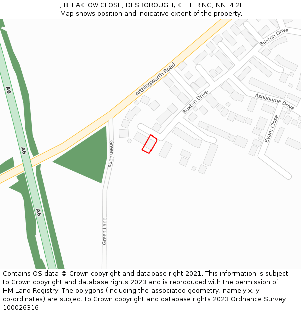 1, BLEAKLOW CLOSE, DESBOROUGH, KETTERING, NN14 2FE: Location map and indicative extent of plot