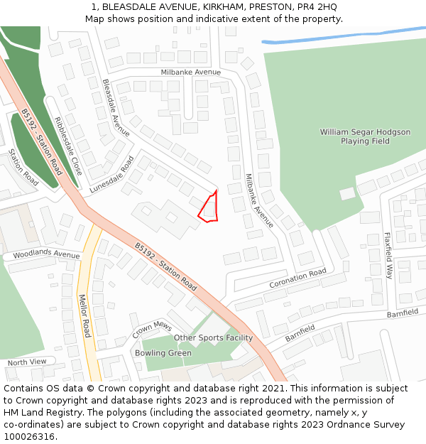 1, BLEASDALE AVENUE, KIRKHAM, PRESTON, PR4 2HQ: Location map and indicative extent of plot