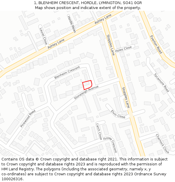 1, BLENHEIM CRESCENT, HORDLE, LYMINGTON, SO41 0GR: Location map and indicative extent of plot