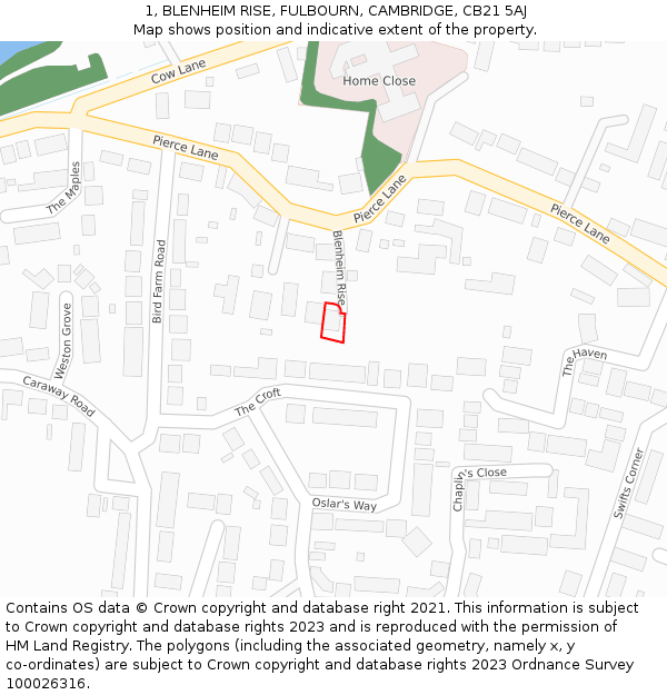 1, BLENHEIM RISE, FULBOURN, CAMBRIDGE, CB21 5AJ: Location map and indicative extent of plot