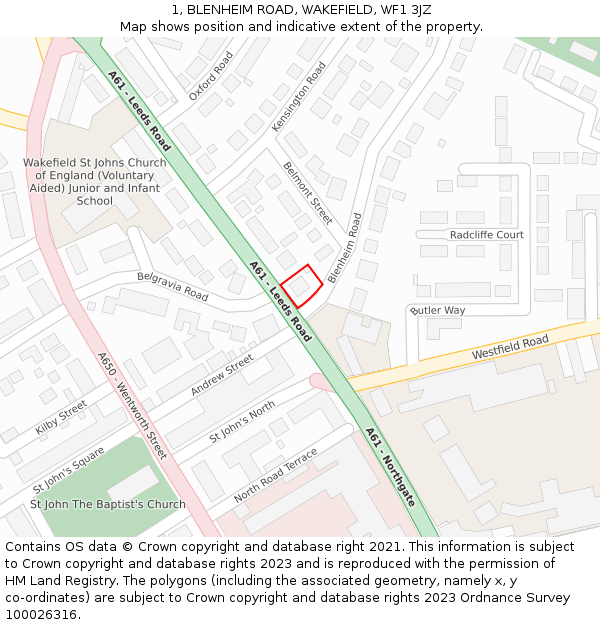 1, BLENHEIM ROAD, WAKEFIELD, WF1 3JZ: Location map and indicative extent of plot