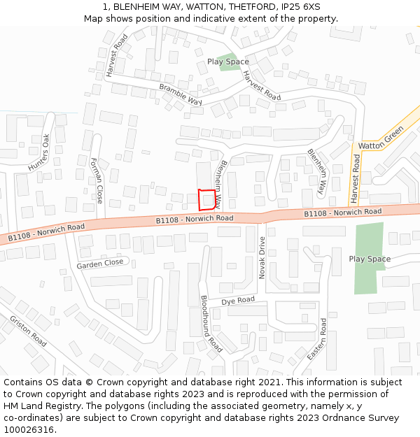 1, BLENHEIM WAY, WATTON, THETFORD, IP25 6XS: Location map and indicative extent of plot