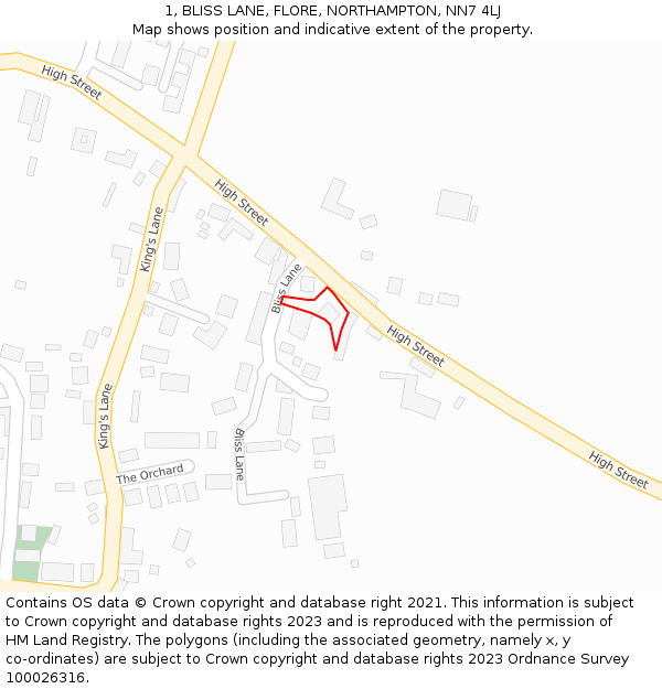 1, BLISS LANE, FLORE, NORTHAMPTON, NN7 4LJ: Location map and indicative extent of plot