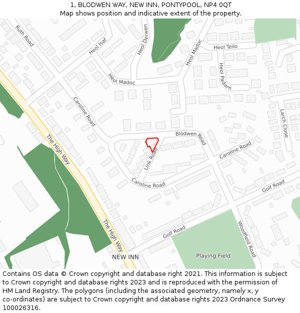 1, BLODWEN WAY, NEW INN, PONTYPOOL, NP4 0QT: Location map and indicative extent of plot