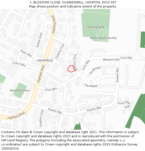 1, BLOSSOM CLOSE, DUNKESWELL, HONITON, EX14 4XT: Location map and indicative extent of plot