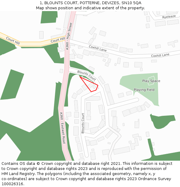 1, BLOUNTS COURT, POTTERNE, DEVIZES, SN10 5QA: Location map and indicative extent of plot