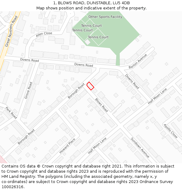 1, BLOWS ROAD, DUNSTABLE, LU5 4DB: Location map and indicative extent of plot