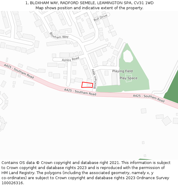 1, BLOXHAM WAY, RADFORD SEMELE, LEAMINGTON SPA, CV31 1WD: Location map and indicative extent of plot