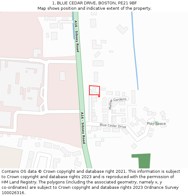 1, BLUE CEDAR DRIVE, BOSTON, PE21 9BF: Location map and indicative extent of plot