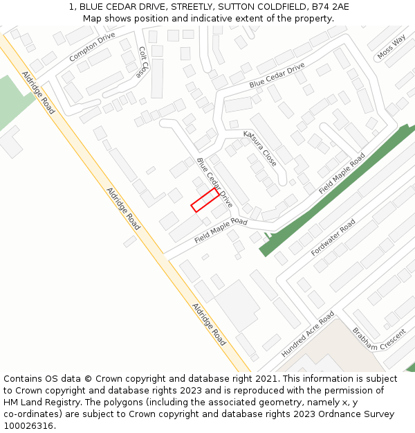 1, BLUE CEDAR DRIVE, STREETLY, SUTTON COLDFIELD, B74 2AE: Location map and indicative extent of plot