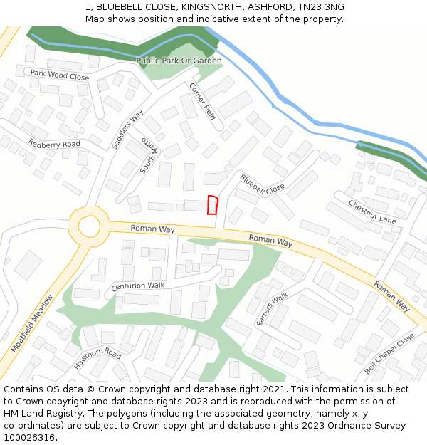 1, BLUEBELL CLOSE, KINGSNORTH, ASHFORD, TN23 3NG: Location map and indicative extent of plot