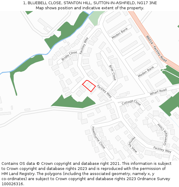 1, BLUEBELL CLOSE, STANTON HILL, SUTTON-IN-ASHFIELD, NG17 3NE: Location map and indicative extent of plot