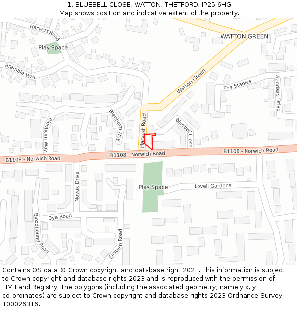 1, BLUEBELL CLOSE, WATTON, THETFORD, IP25 6HG: Location map and indicative extent of plot