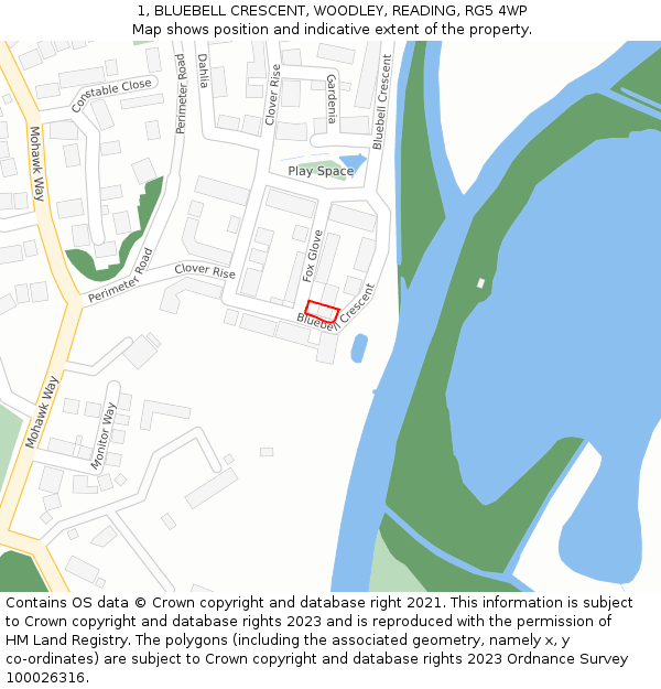 1, BLUEBELL CRESCENT, WOODLEY, READING, RG5 4WP: Location map and indicative extent of plot