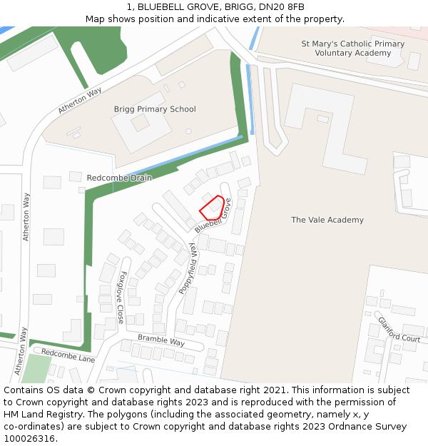 1, BLUEBELL GROVE, BRIGG, DN20 8FB: Location map and indicative extent of plot