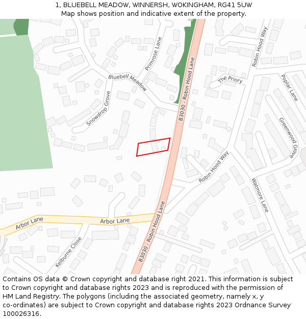 1, BLUEBELL MEADOW, WINNERSH, WOKINGHAM, RG41 5UW: Location map and indicative extent of plot