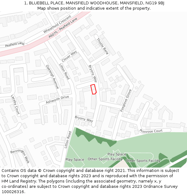 1, BLUEBELL PLACE, MANSFIELD WOODHOUSE, MANSFIELD, NG19 9BJ: Location map and indicative extent of plot