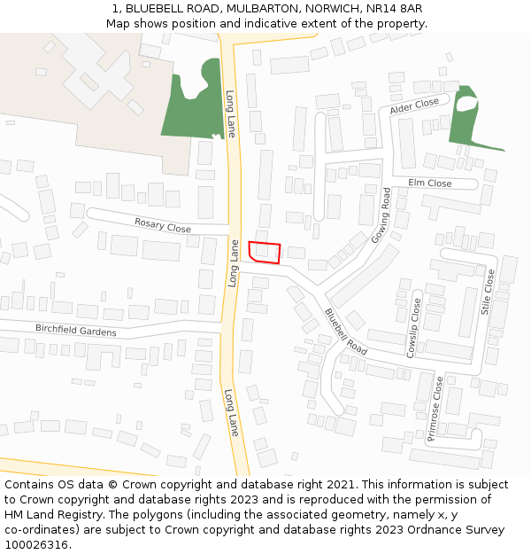 1, BLUEBELL ROAD, MULBARTON, NORWICH, NR14 8AR: Location map and indicative extent of plot