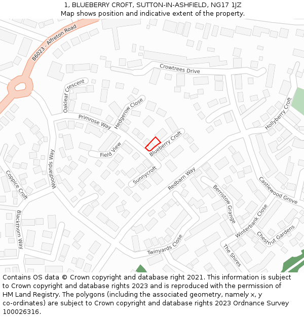 1, BLUEBERRY CROFT, SUTTON-IN-ASHFIELD, NG17 1JZ: Location map and indicative extent of plot
