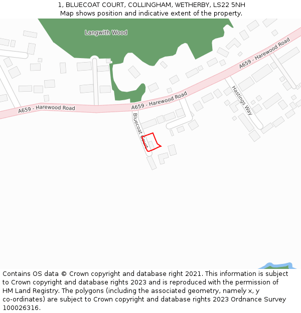 1, BLUECOAT COURT, COLLINGHAM, WETHERBY, LS22 5NH: Location map and indicative extent of plot