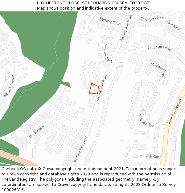 1, BLUESTONE CLOSE, ST LEONARDS-ON-SEA, TN38 9QZ: Location map and indicative extent of plot