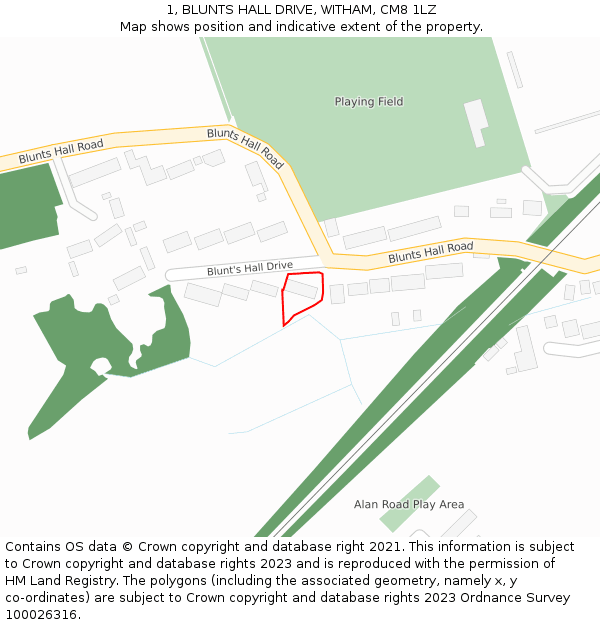 1, BLUNTS HALL DRIVE, WITHAM, CM8 1LZ: Location map and indicative extent of plot