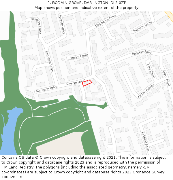 1, BODMIN GROVE, DARLINGTON, DL3 0ZP: Location map and indicative extent of plot