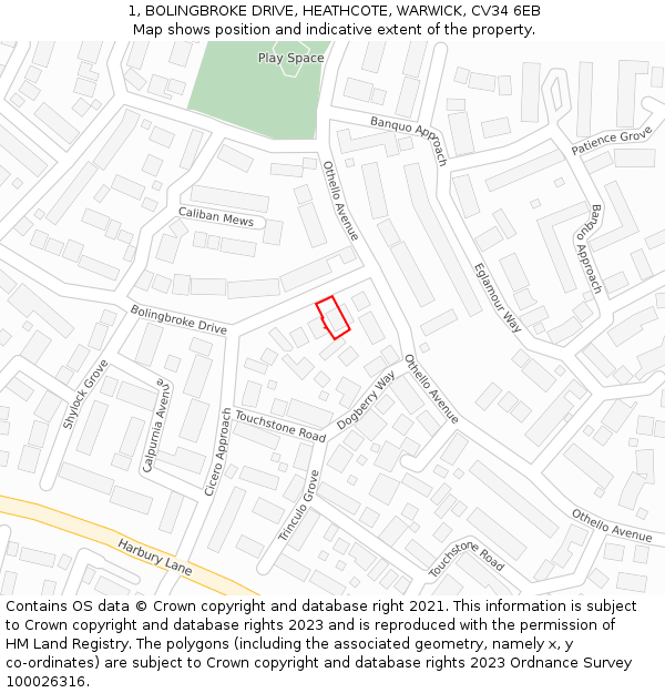 1, BOLINGBROKE DRIVE, HEATHCOTE, WARWICK, CV34 6EB: Location map and indicative extent of plot