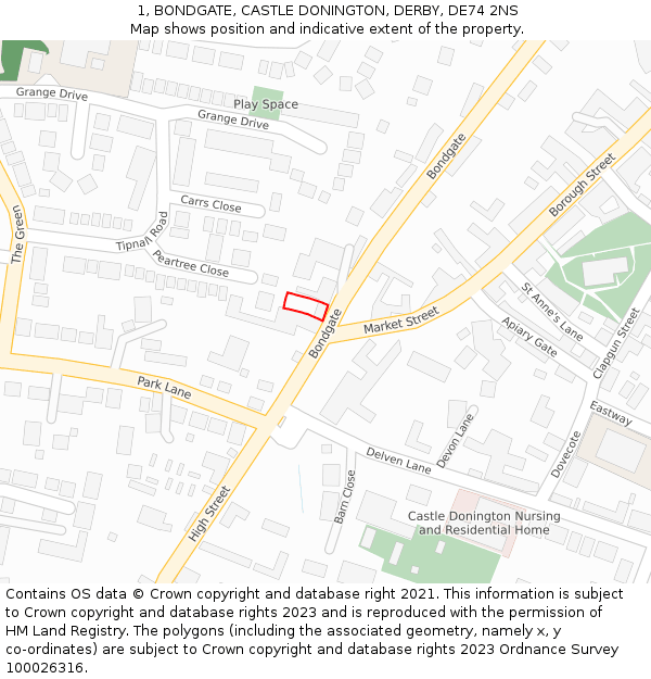 1, BONDGATE, CASTLE DONINGTON, DERBY, DE74 2NS: Location map and indicative extent of plot
