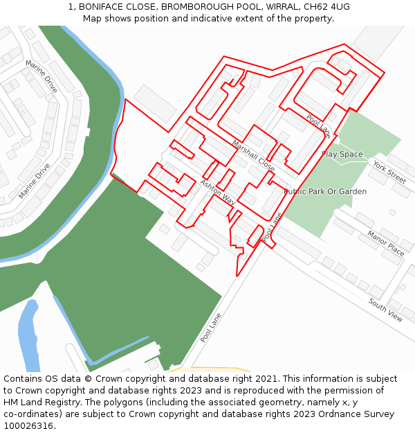 1, BONIFACE CLOSE, BROMBOROUGH POOL, WIRRAL, CH62 4UG: Location map and indicative extent of plot