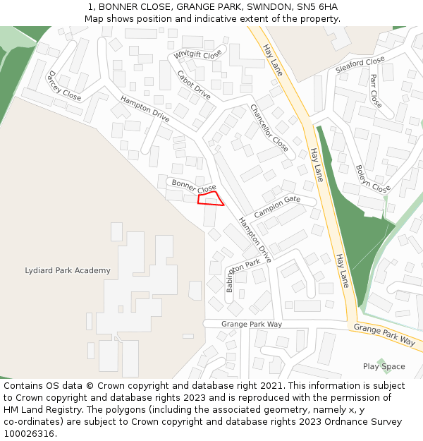 1, BONNER CLOSE, GRANGE PARK, SWINDON, SN5 6HA: Location map and indicative extent of plot