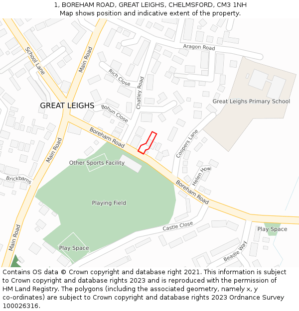 1, BOREHAM ROAD, GREAT LEIGHS, CHELMSFORD, CM3 1NH: Location map and indicative extent of plot