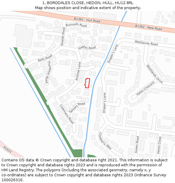 1, BORODALES CLOSE, HEDON, HULL, HU12 8RL: Location map and indicative extent of plot