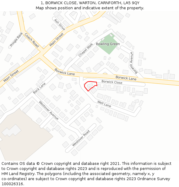 1, BORWICK CLOSE, WARTON, CARNFORTH, LA5 9QY: Location map and indicative extent of plot