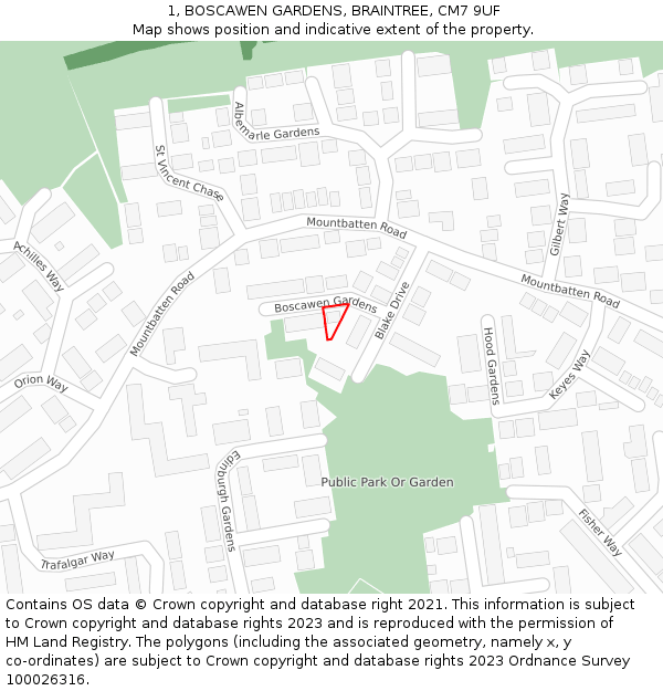 1, BOSCAWEN GARDENS, BRAINTREE, CM7 9UF: Location map and indicative extent of plot