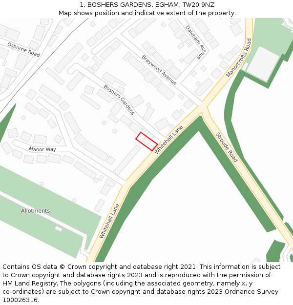 1, BOSHERS GARDENS, EGHAM, TW20 9NZ: Location map and indicative extent of plot