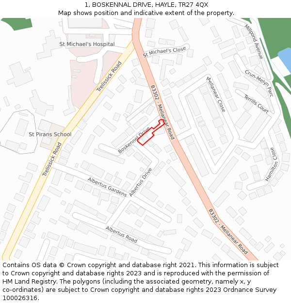 1, BOSKENNAL DRIVE, HAYLE, TR27 4QX: Location map and indicative extent of plot