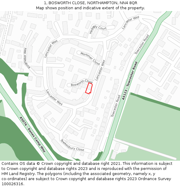 1, BOSWORTH CLOSE, NORTHAMPTON, NN4 8QR: Location map and indicative extent of plot