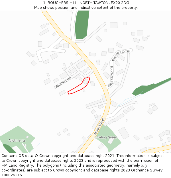 1, BOUCHERS HILL, NORTH TAWTON, EX20 2DG: Location map and indicative extent of plot