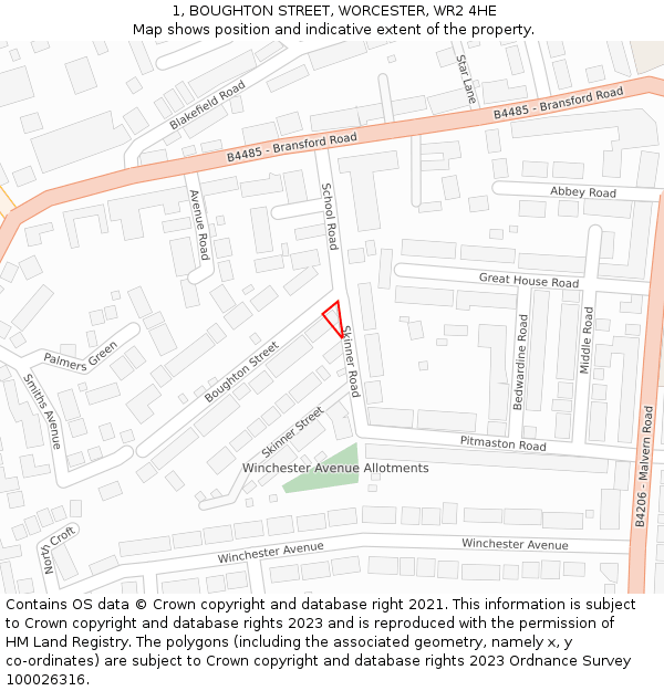 1, BOUGHTON STREET, WORCESTER, WR2 4HE: Location map and indicative extent of plot