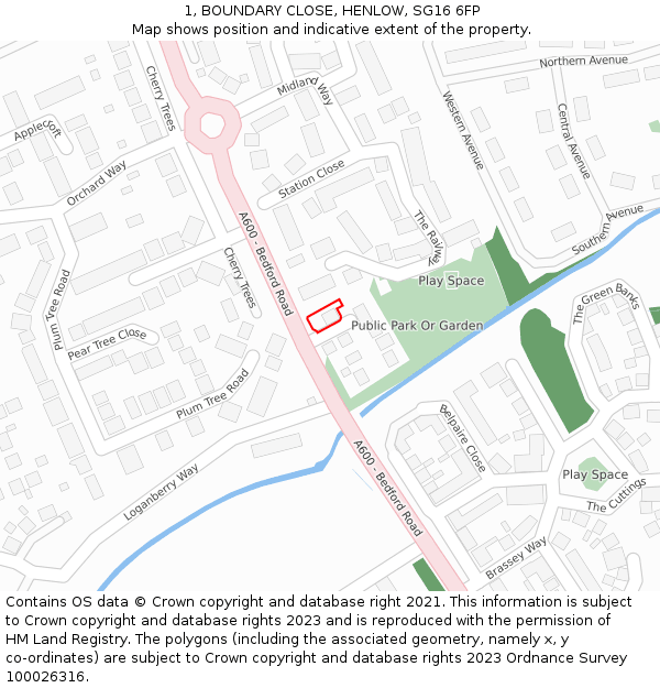 1, BOUNDARY CLOSE, HENLOW, SG16 6FP: Location map and indicative extent of plot