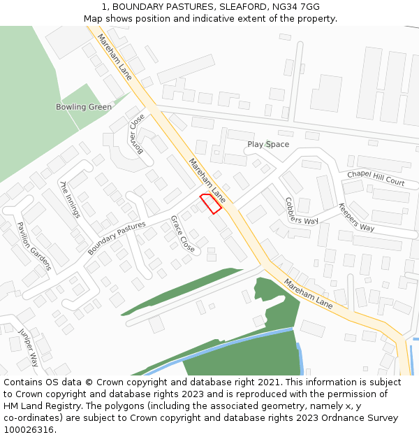 1, BOUNDARY PASTURES, SLEAFORD, NG34 7GG: Location map and indicative extent of plot