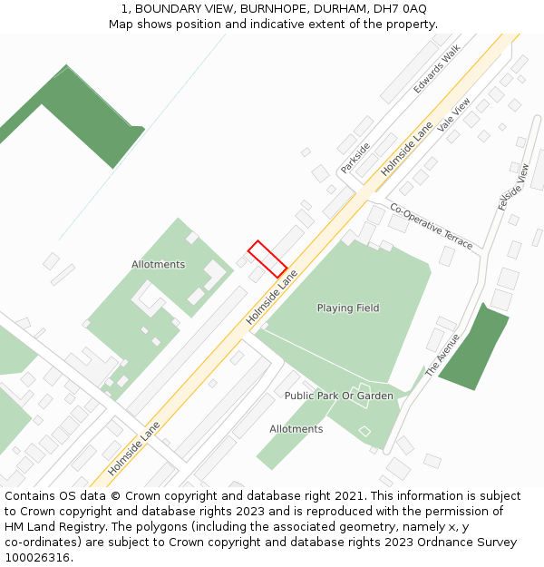 1, BOUNDARY VIEW, BURNHOPE, DURHAM, DH7 0AQ: Location map and indicative extent of plot