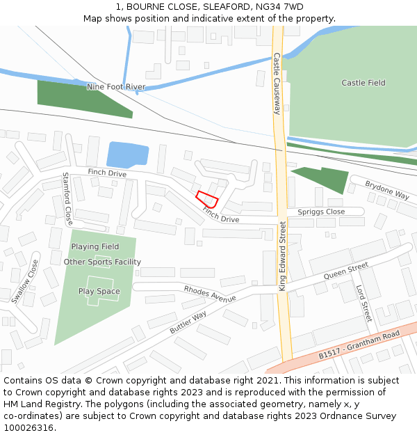 1, BOURNE CLOSE, SLEAFORD, NG34 7WD: Location map and indicative extent of plot