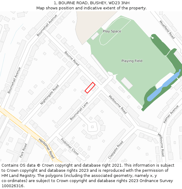 1, BOURNE ROAD, BUSHEY, WD23 3NH: Location map and indicative extent of plot