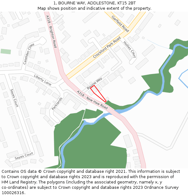 1, BOURNE WAY, ADDLESTONE, KT15 2BT: Location map and indicative extent of plot